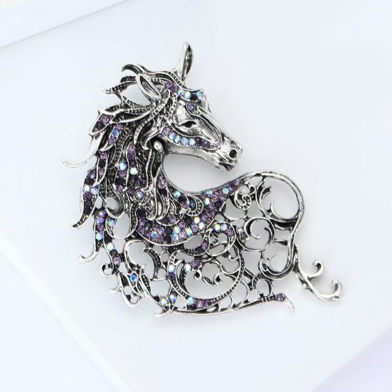 Brooch Alloy Horse Head Design Pin with Sparkling Rhinestones Retro Style