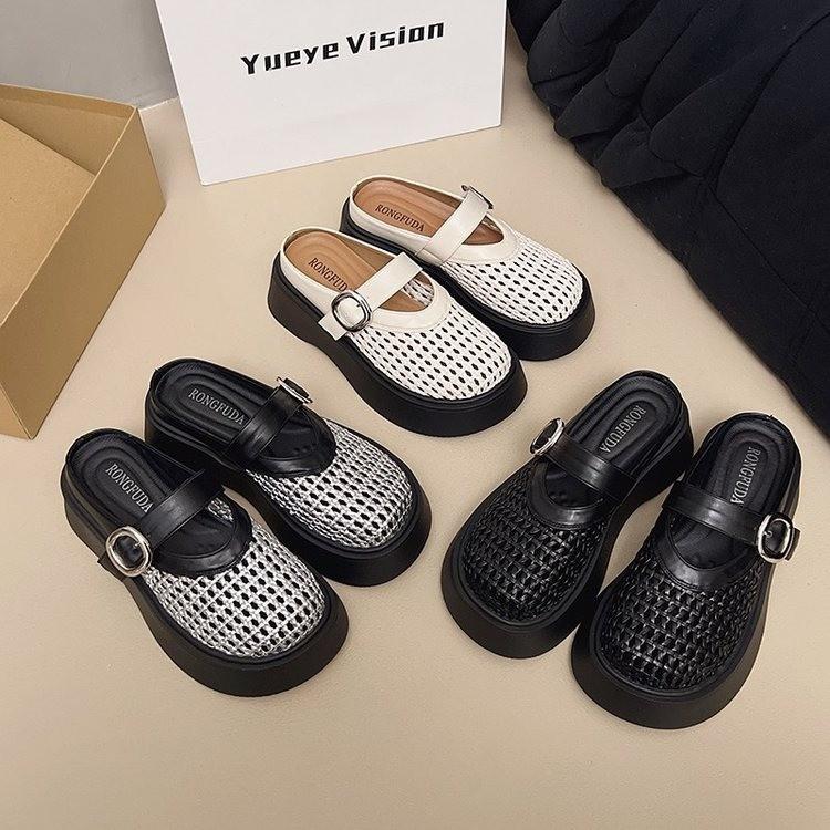 Thick-soled Mary Jane shoes leather woven bag head slippers women's summer wear with skirt sandals hollow hole pig cage shoes