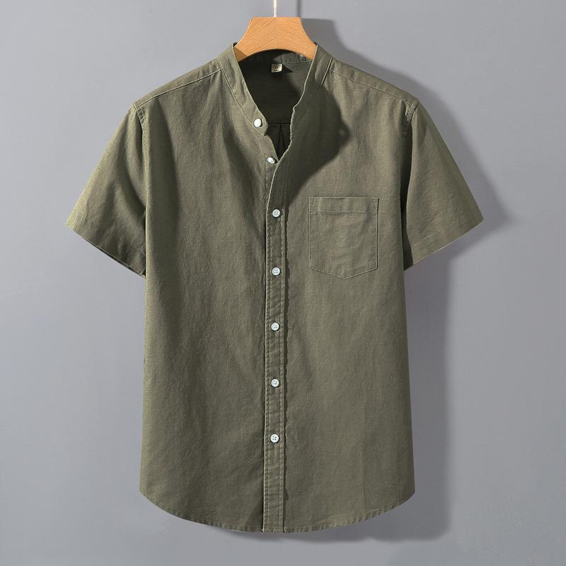 Summer Linen Shirt Men's Henry Cotton Short Sleeve Shirt Vintage Casual Beach T-shirt Breathable Streetwear Collar Shirt Tshirts with Pocket