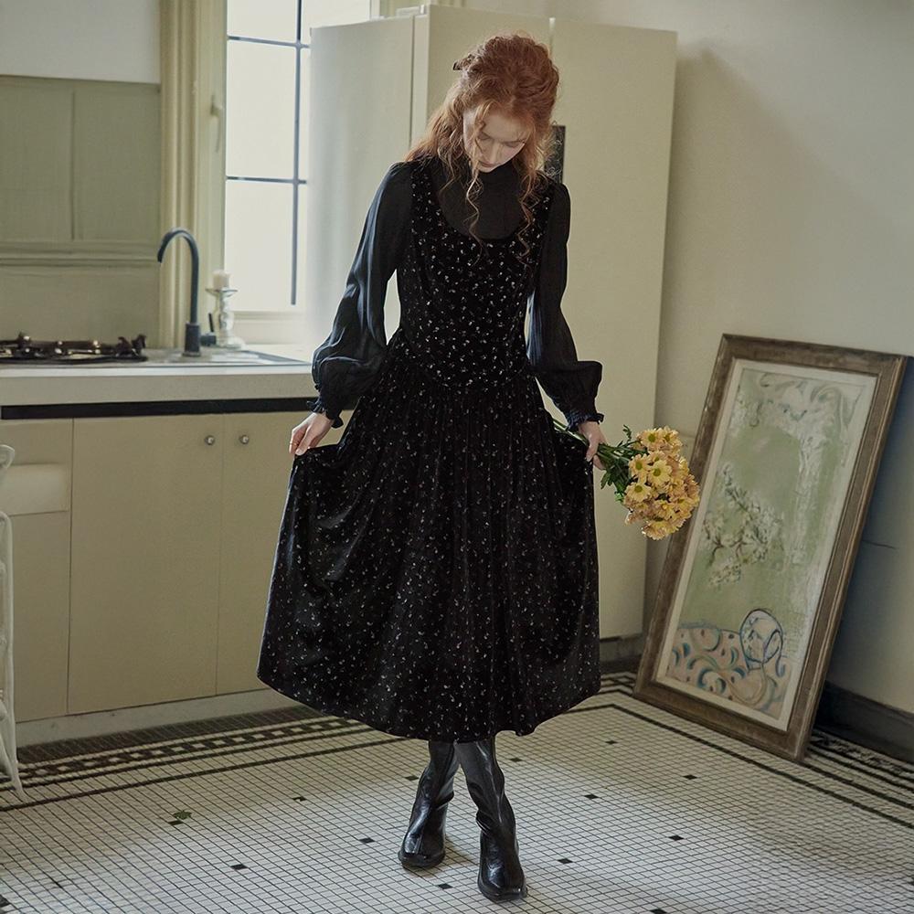Peulaudeumali Pm_Floral Velvet Fake Two-Piece Dress