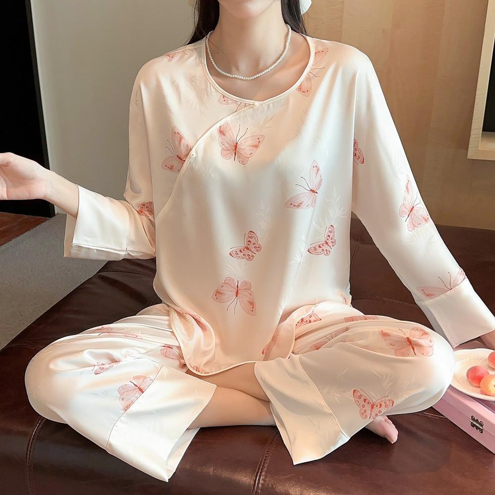 New Chinese style silk pajamas women's spring and autumn summer seven-quarter sleeve trousers two-piece set of satin high-end loungewear