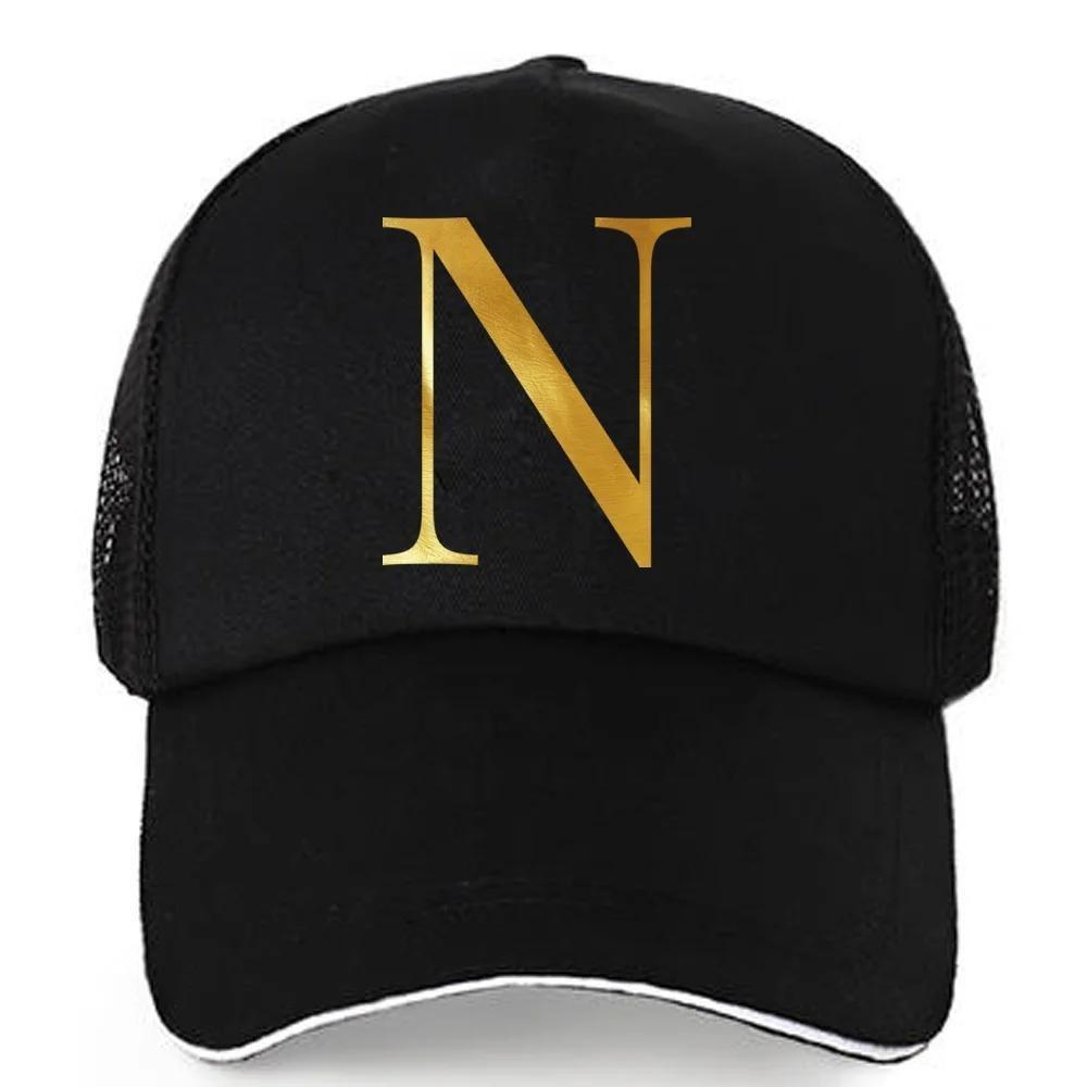 1pc AmaBe Hip-Hop Baseball Cap with Golden Letter Print, Adjustable Hook & Loop Closure, Breathable Mesh Back, Lightweight Stret