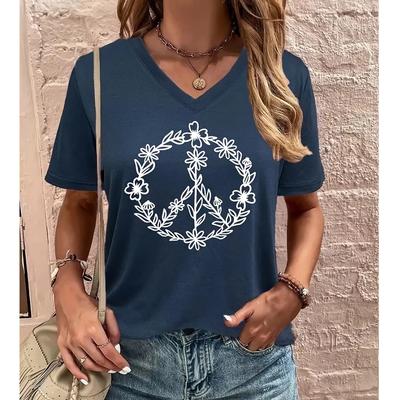 Fashion Wreath Painting Blouses Short Sleeved V-Neck T Shirts Casual