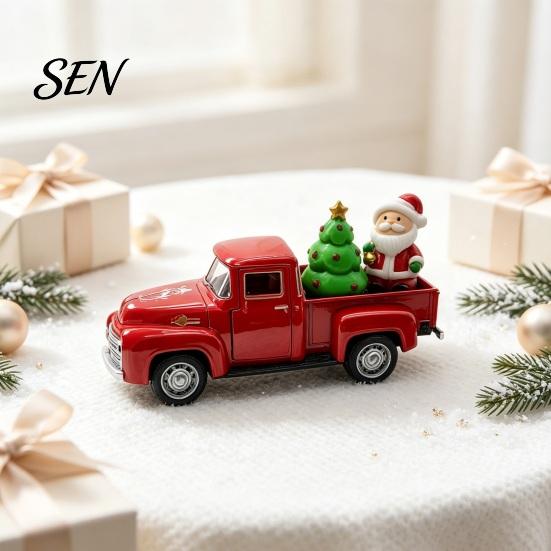 Holiday Car Ornament Christmas Pickup Truck Figurine, Vintage Statue with Santa Claus, Alloy Vehicle Tree, Snowman, Miniature for Party Figurine