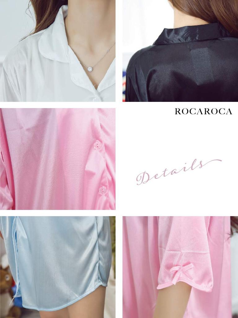 Roca Roca Satin Boyfriend Short Black Shirt, Pajamas, Loungewear, Loungewear, Nightgown, Shirt, Open-Front, Sleeve, Mini, Women's, (L, Black)