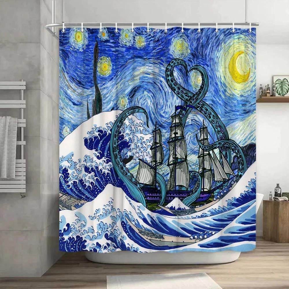 Lustiger Duschvorhang Tapfere Katze Cartoon Duschvorhang Wellen Ozean Dekor Stoff Duschvorhang Set mit Haken Badezimmerdekoration