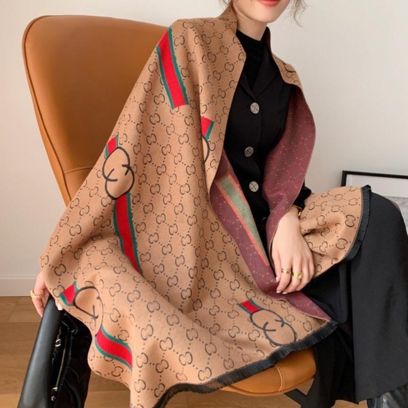 Gradual change flower imitation cashmere scarf women's high sense double-sided jacquard shawl retro scarf