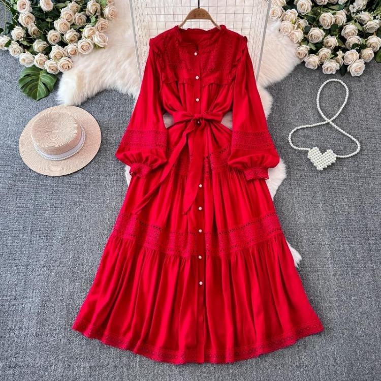 Korean Fashion Elegant Retro Lace Puff Sleeve Long Dress Solid Color Single Breasted Ruffles Bow Autumn Women Dress