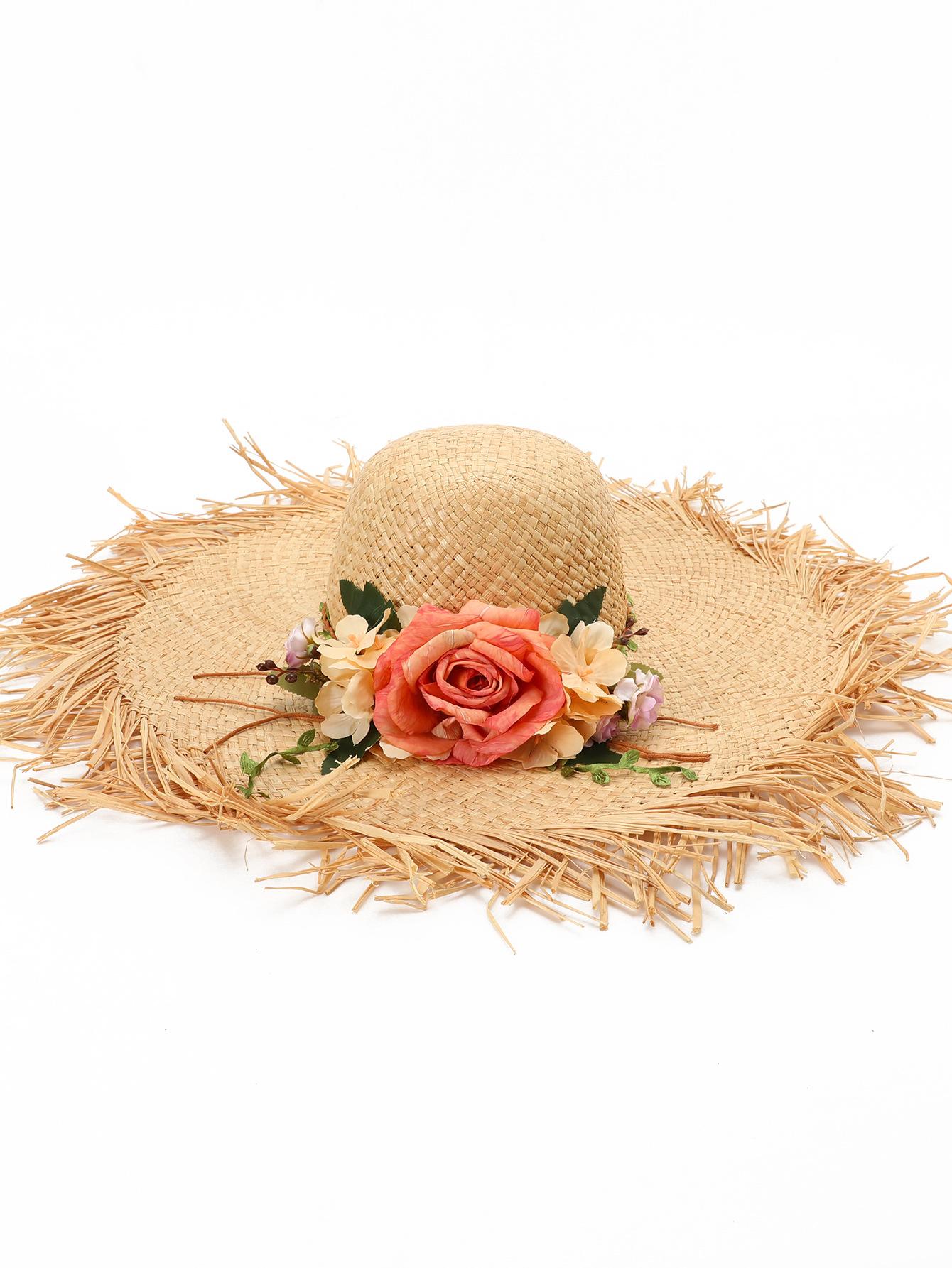 

Versatile flower bucket hat summer sun protection big brim beach straw hat sun hat woven basin hat M（56-58cm）
