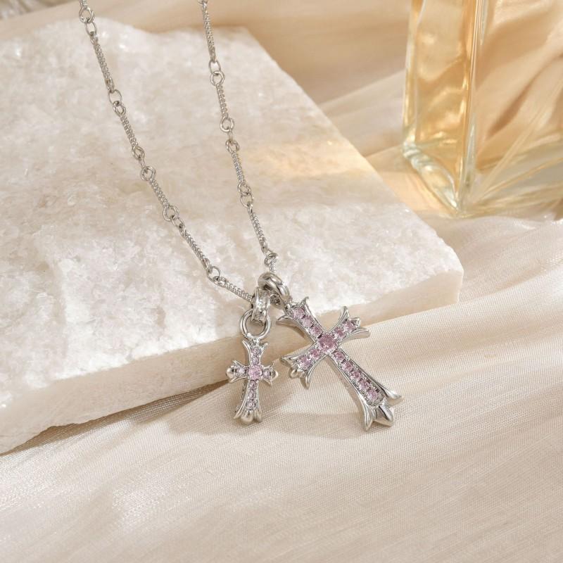 Double Cross Pendant Necklace Couples Titanium Steel Charm With Colored Cubic Zirconia Gold Rose Chain
