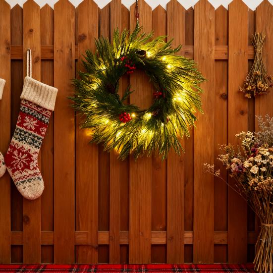 Yousheng Pre-lit Artificial Christmas Garland with LED Lights Real Touch Winter Greenery Pine Garland with Red Berries for Table Mantle Fireplace