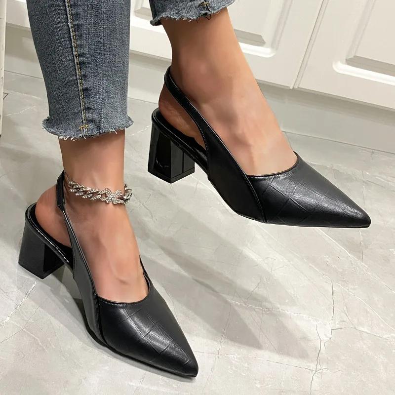 Fashion 2024 New Hot Selling Summer Women's Pointed Toe High Heels Medium Thick Heel Sandals Summer New Women's Single Shoes Zapatos