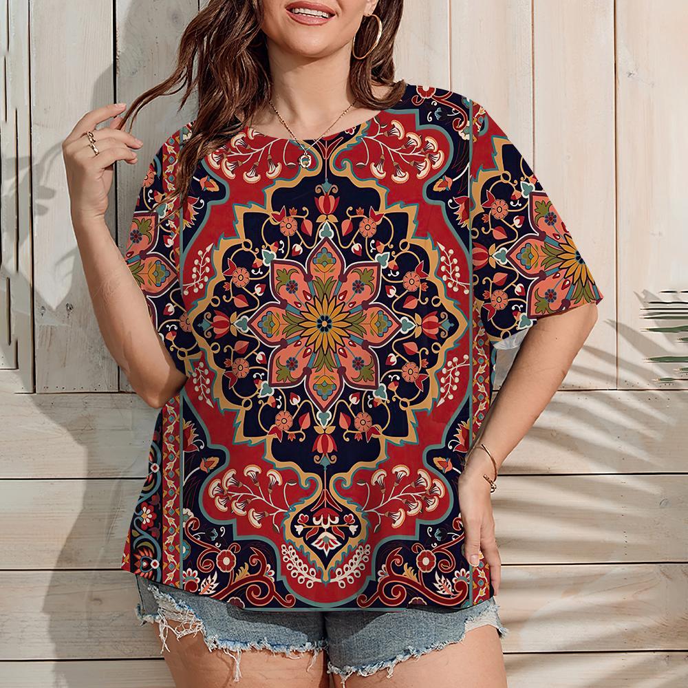 2025 Women's Large Size T-Shirt Summer Outdoor Casual Short Sleeve Tops Retro Ethnic Floral Print OverSize Women's Clothing