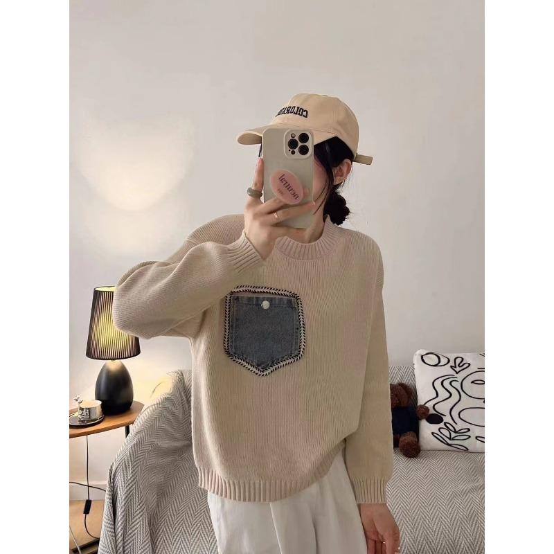 Contrasting color round neck splicing denim knitted sweater top autumn and winter new loose sweater pullover women