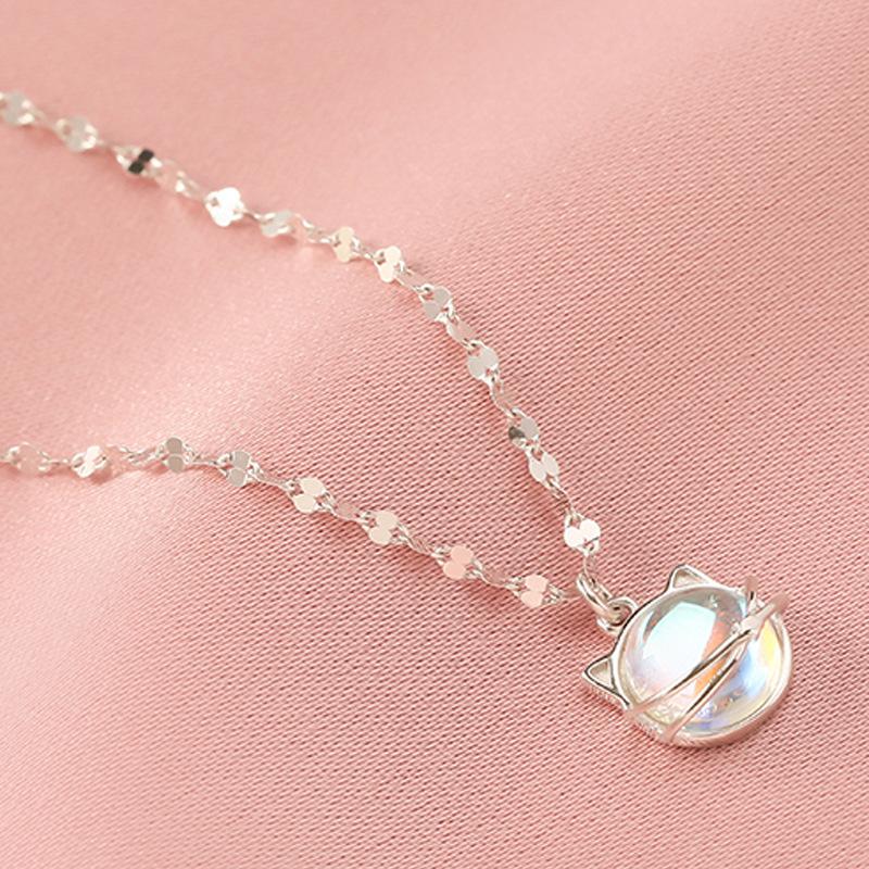 VENTFILLE 925 Sterling Silber Farbe Aurora Katze Halskette Damen Temperament Süß Mondstein Miau Planet Schlüsselbein Kette Schmuck Geschenk
