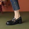 Fashion Women's New Spring and Autumn Round Head Genuine Leather Retro Mid Heel Large Metal Belt Buckle Oxford Single Shoes