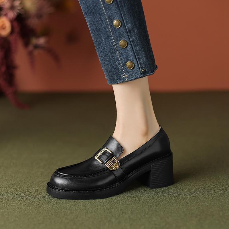 Fashion Women's New Spring and Autumn Round Head Genuine Leather Retro Mid Heel Large Metal Belt Buckle Oxford Single Shoes