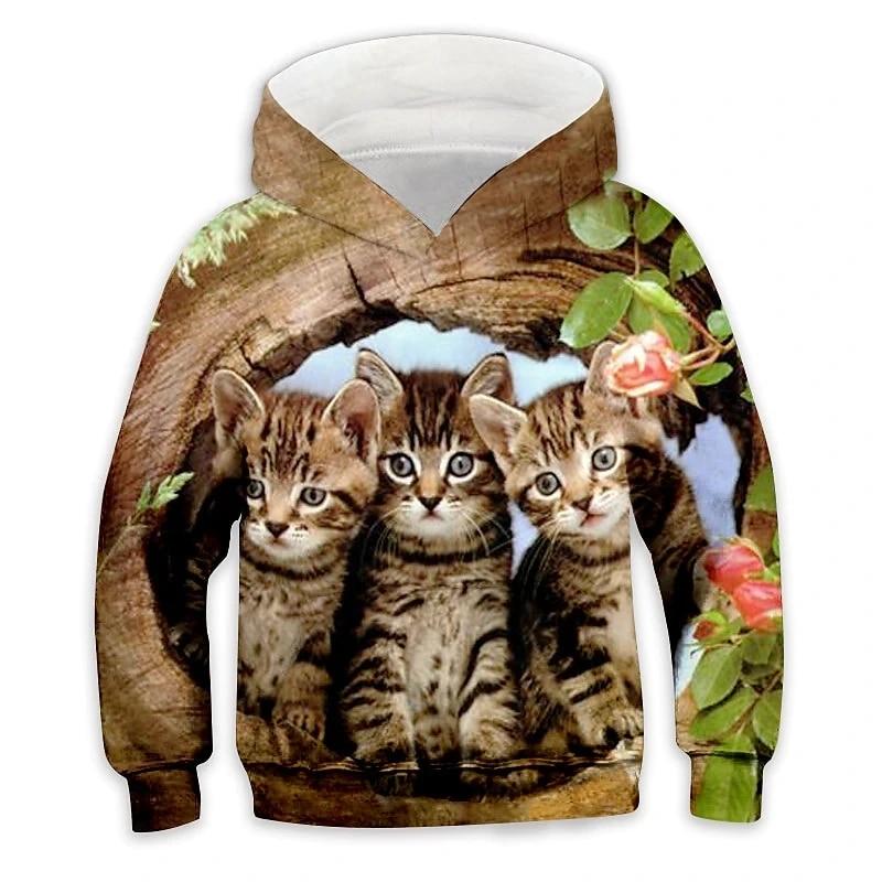 Kids Boys Girls Pullover Hoodie Animal Cat Long Sleeve Sweatshirt Children Casual Hoodies Child Pullover Tops Clothing