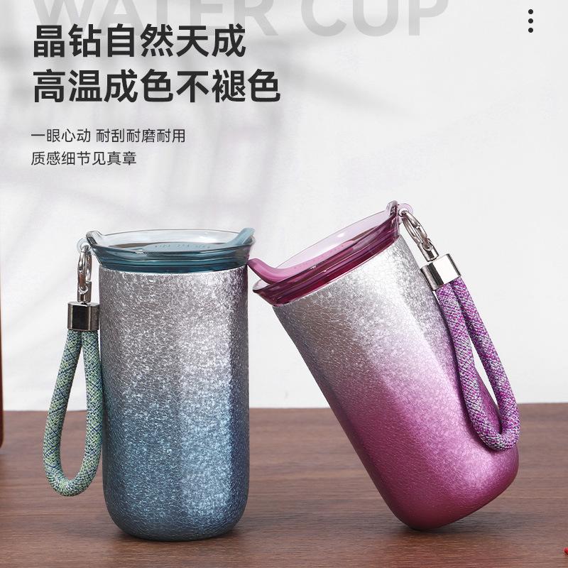 High-grade light luxury titanium-covered thermos cup female business gift box water cup gradual change color ribbon rope coffee cup