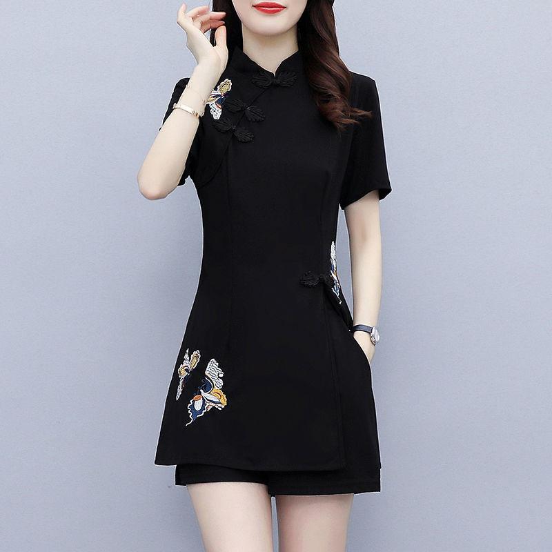Women s Suit Chinese Style Clothes Two Piece Sets Summer Top and Shorts Retro Cheongsam Outfits Matching for Women S чёрный