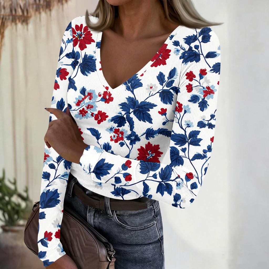 Women's Casual V-Neck Floral Print Long Sleeve Ribbed Top for Everyday Wear