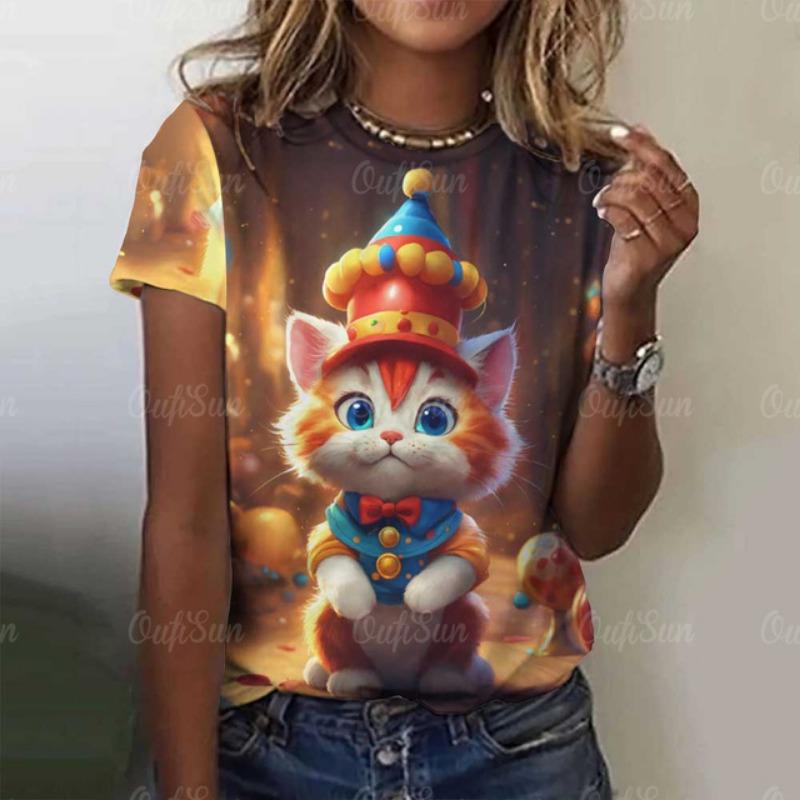 Damen Niedliches Katze Kurzarm T-Shirt Weihnachten Tiere Aufdruck Rundhals T-Shirt 2024 Mode Kleidung Sommer Lässig Oversize