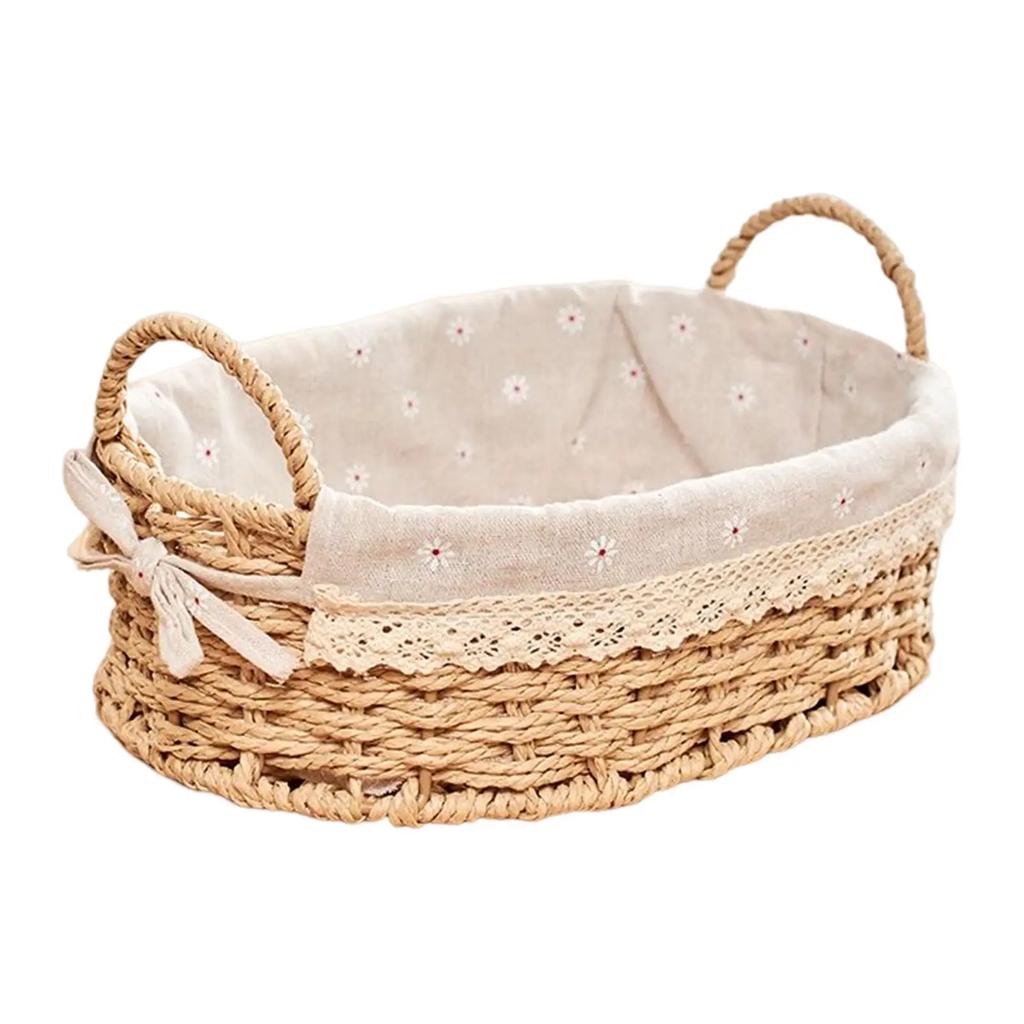 Woven Storage Baskets Kitchen Organizer Handwoven with Handles Cosmetic Box for Breakfast Fruit Bedroom Bathroom Home Decorative