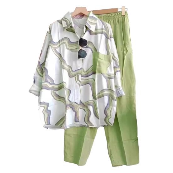 Conjunto de Dos Piezas a Rayas para Mujer Camisa Blusa de Manga Larga con Solapa y Botones y Pantalón Traje Deportivo Casual de Verano