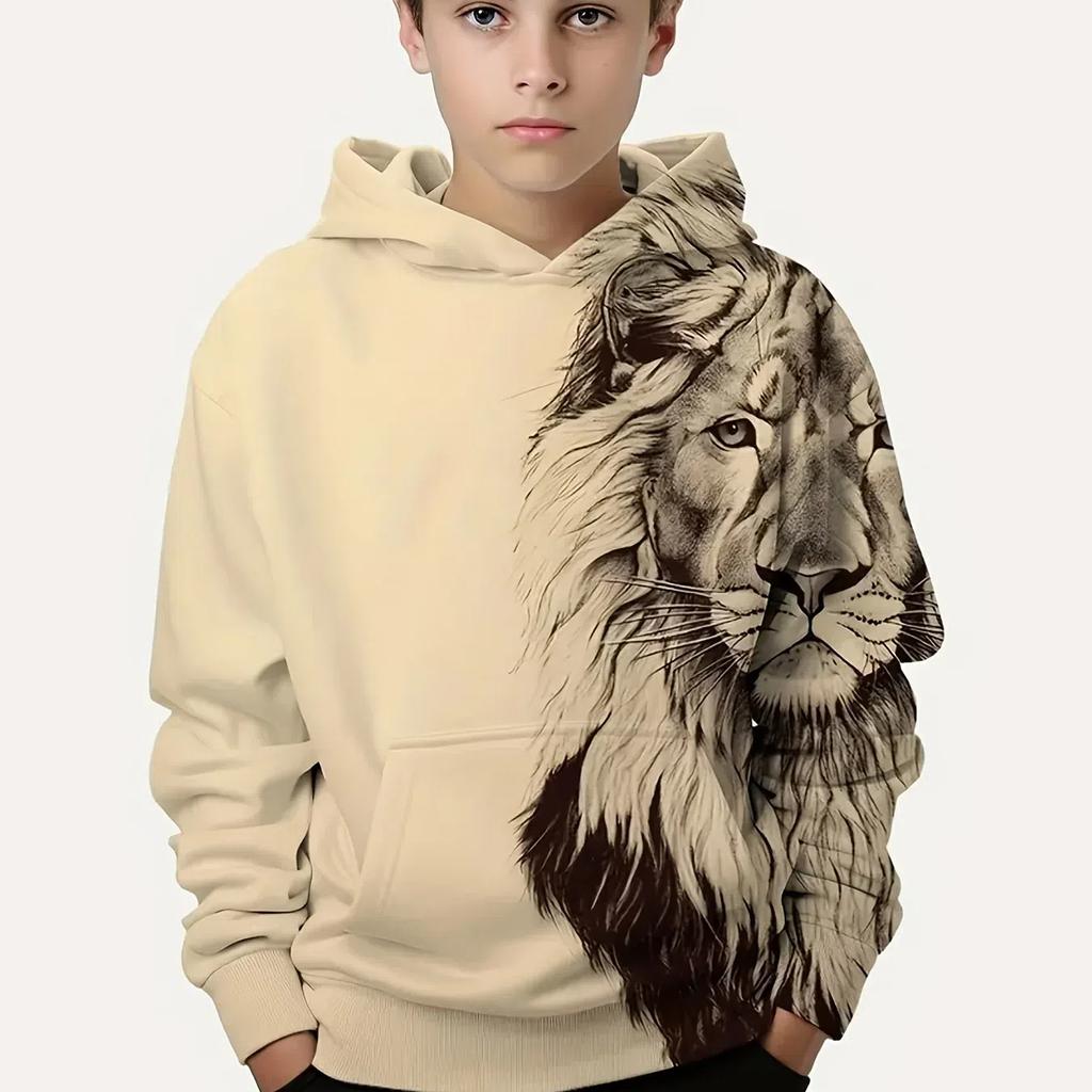 Stylish Lion 3D Print Boys Casual Pullover Long Sleeve Hoodies Sweatshirt For Spring Fall, Kids Hoodie Tops Outdoor