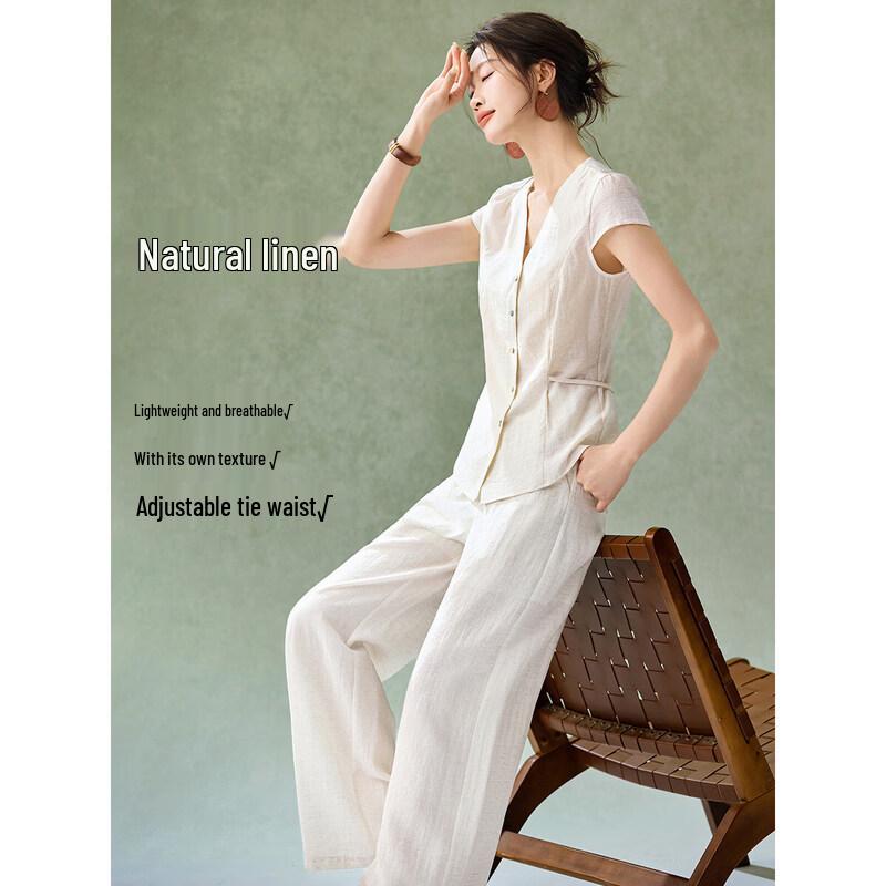 Mohan Yimei Old Money Style V-Neck Shirt & Wide-Leg Pants Set M