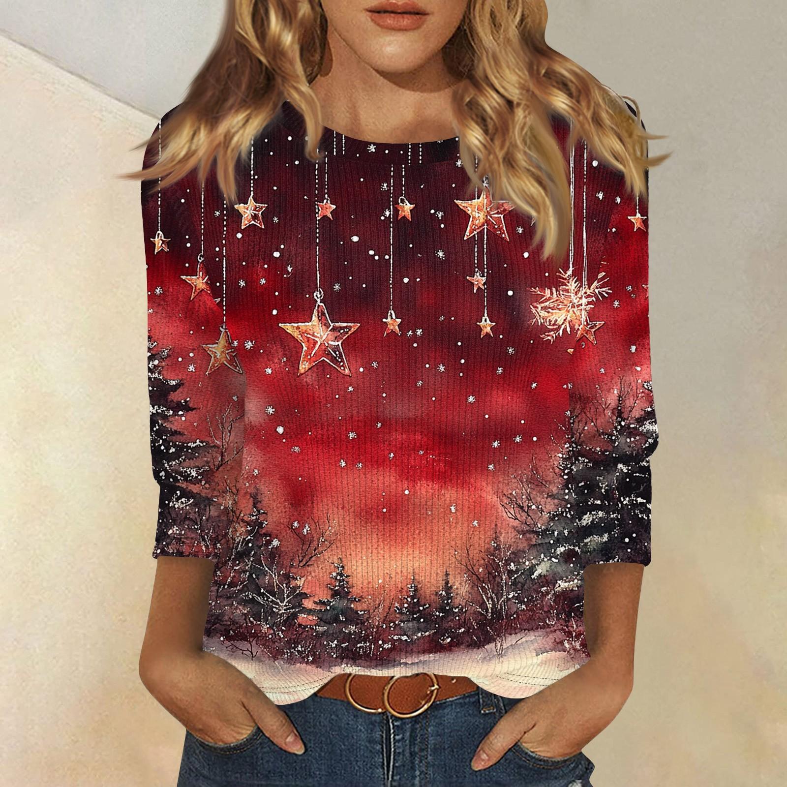 

Женская мода и зима повседневная круглая горловина матовая рубчатая рождественская печать футболка рукав три четверти женская одежда S винный