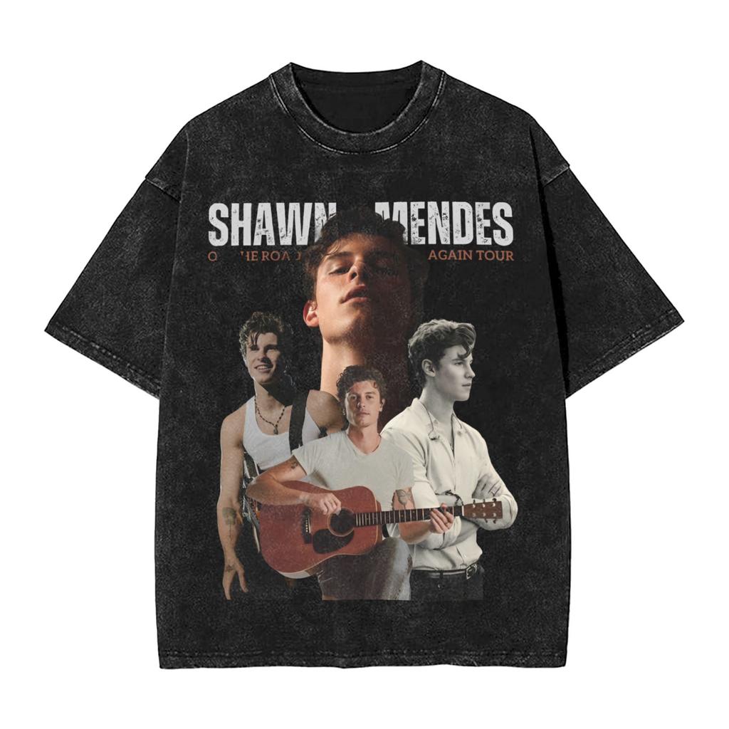 Harajuku Washed Shirt On the Road Again Shawn Unisexdes Tour Merch Vintage T Shirt Streetwear Short Sleeve Printed Tops Tees