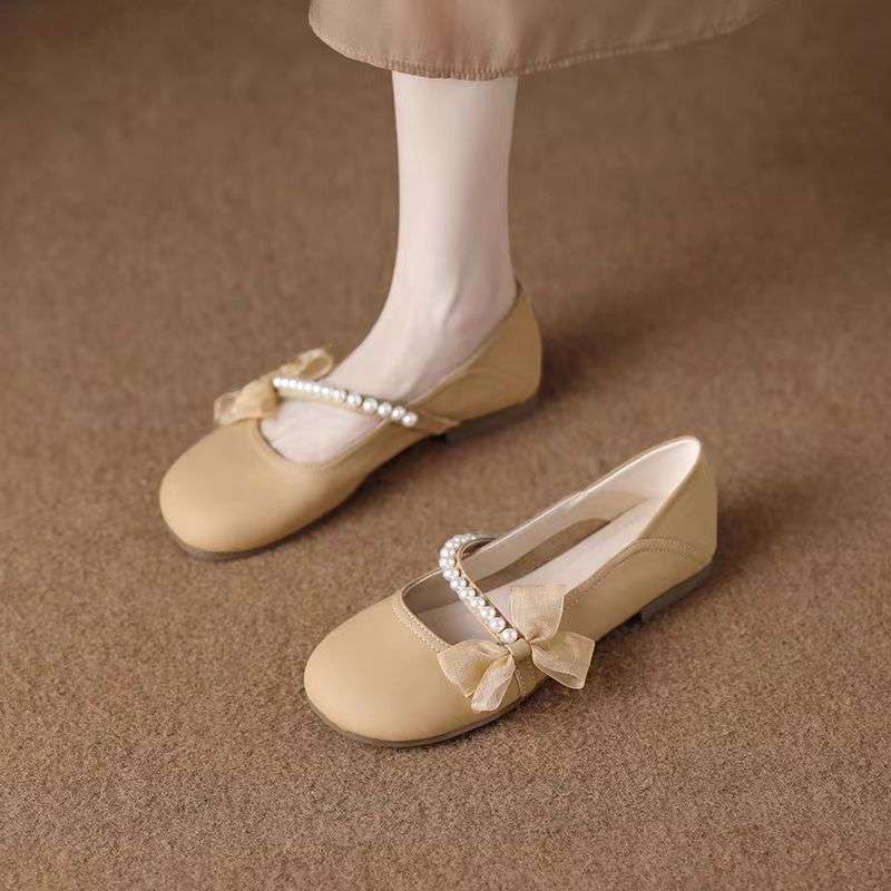 French Mary Jane Pearl Shoes Women's 2025 Summer New Soft-soled Beanie Shoes Evening Evening Breeze Flat Bottom with Skirt Single Shoes