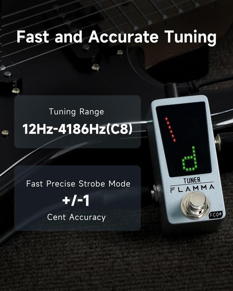 FLAMMA Tuner Pedal FC04 Chromatisches Gitarren-Stimmgerät Hochpräzises 1-Cent-Stimmpedal für Gitarre und Bass mit Pitch-True-Bypass-Pedal, Anzeige