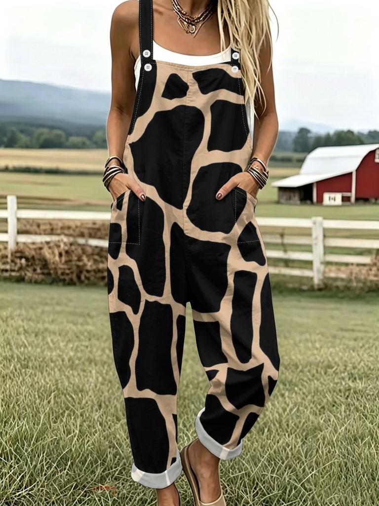 Retro Giraffe Striped Printed Overalls Women's Loose Multi Pocket Workwear Jumpsuit