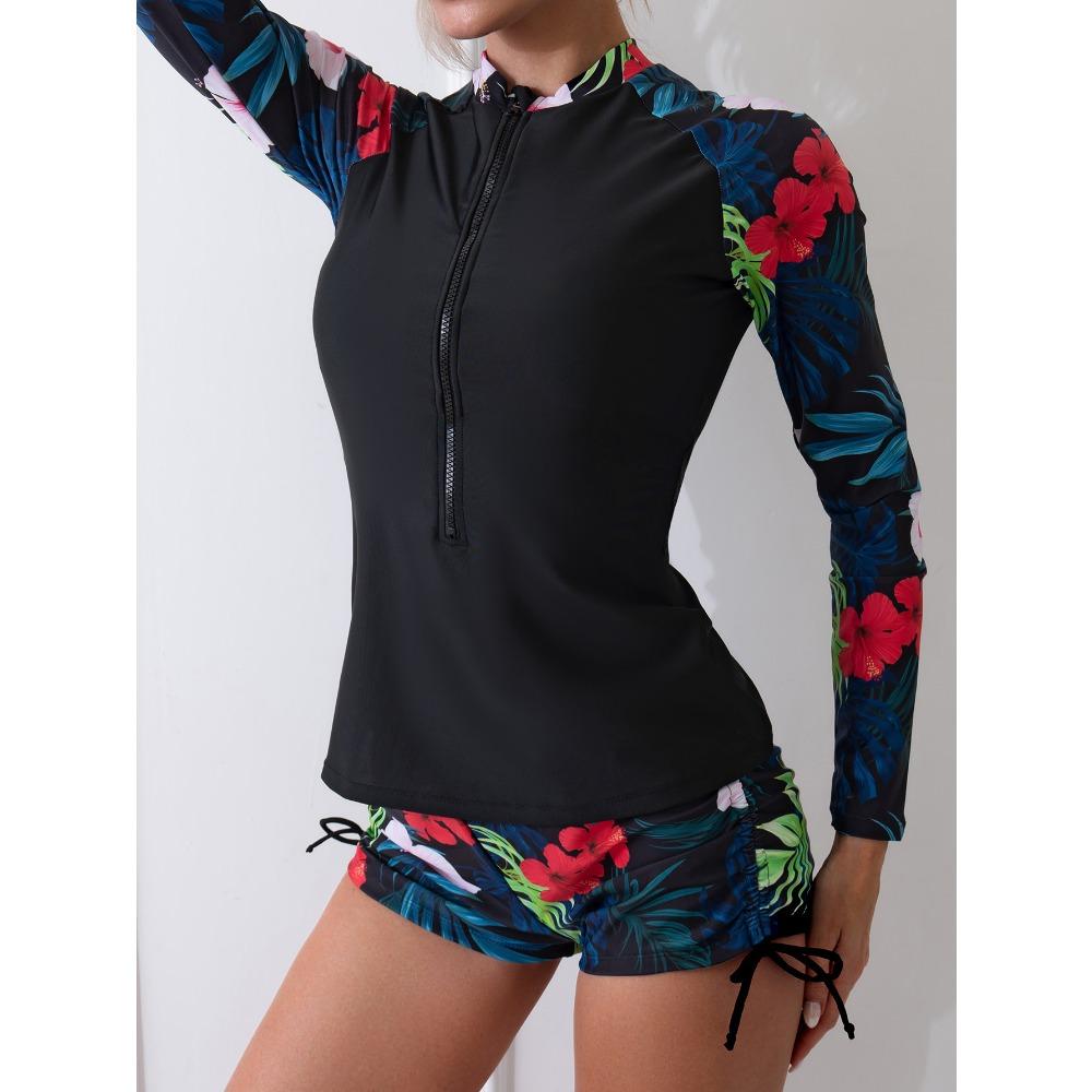 Front Chest Zipper Two-Piece Casual Long Sleeve Conservative Split Swimsuit for Women
