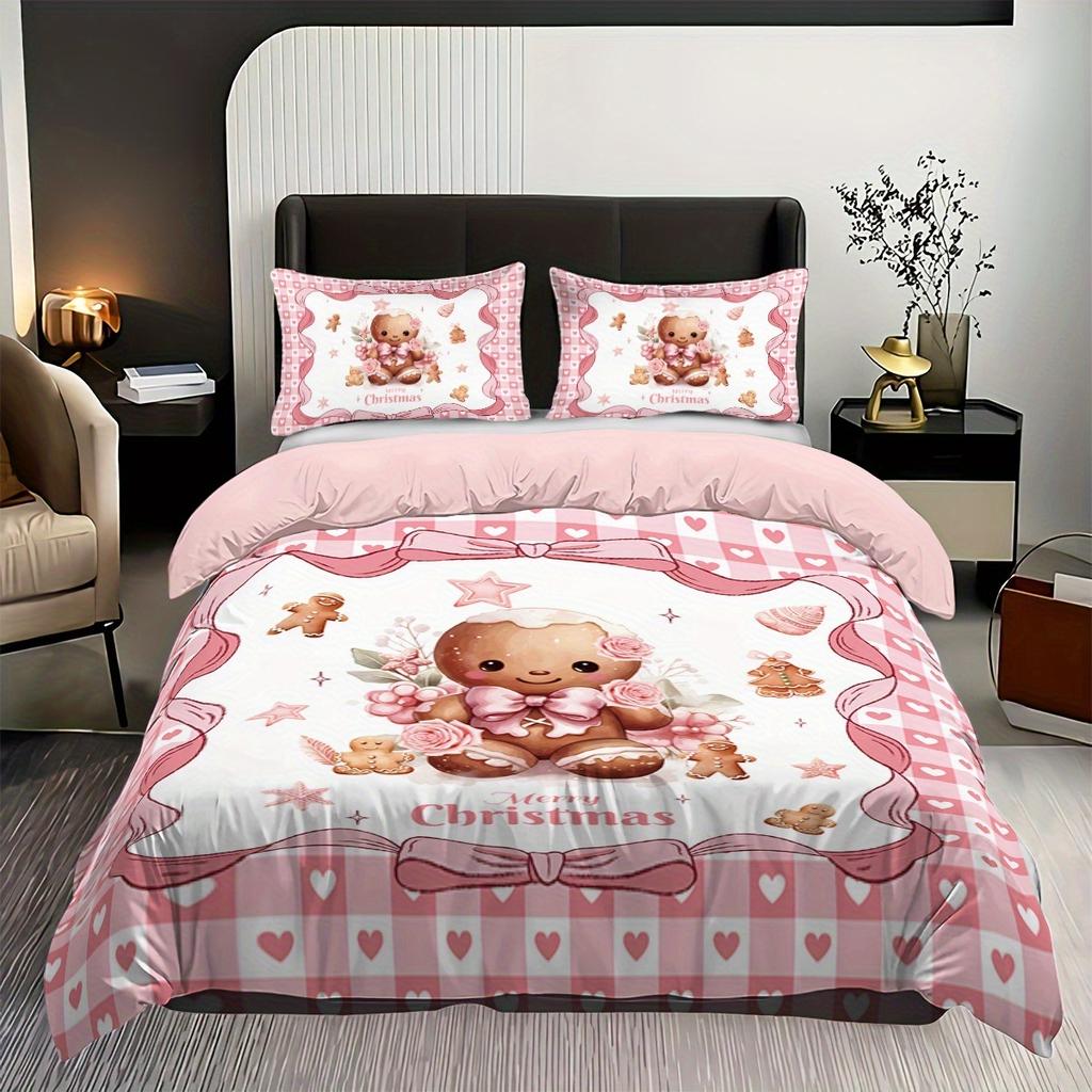 Three-Piece Christmas Themed Quilt Set Twin Size, Oversized Girly Pink Cartoon Sugar Cookie Bedding Christmas Element Printed