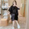 Korean version of loose personality large size Hong Kong style European and American design sensual short sleeves medium and long split T-shirt skirt