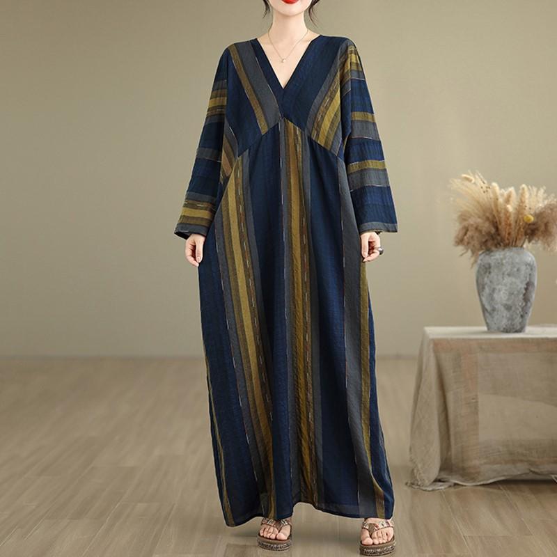 

Хлопковое винтажное платье в полоску большого размера с длинным рукавом, новинка, повседневное свободное макси-платье для женщин, весенне-осеннее