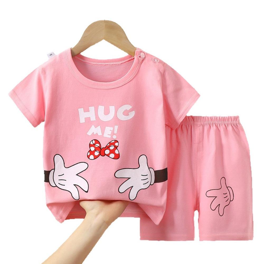Kids Cotton Short Sleeve 2Pcs Set, Summer Shoulder Snap T-shirt & Shorts for Toddler Boys Girls
