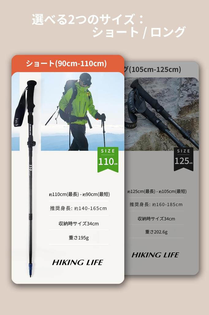 Hiking Life Trekking Poles for Mountaineering [Ultra-lightweight 195g, 34cm Storage Size] 3K Carbon Folding Poles (Set of 2) for Camping, Hiking, Walk