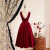 Christmas Exclusive Wine Red Velvet Waist Swing Dress, Retro Elegant Style, Velvet Texture Christmas Dinner Gift