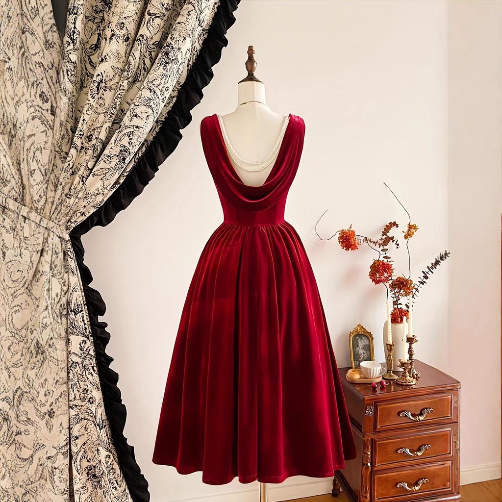 Christmas Exclusive Wine Red Velvet Waist Swing Dress, Retro Elegant Style, Velvet Texture Christmas Dinner Gift