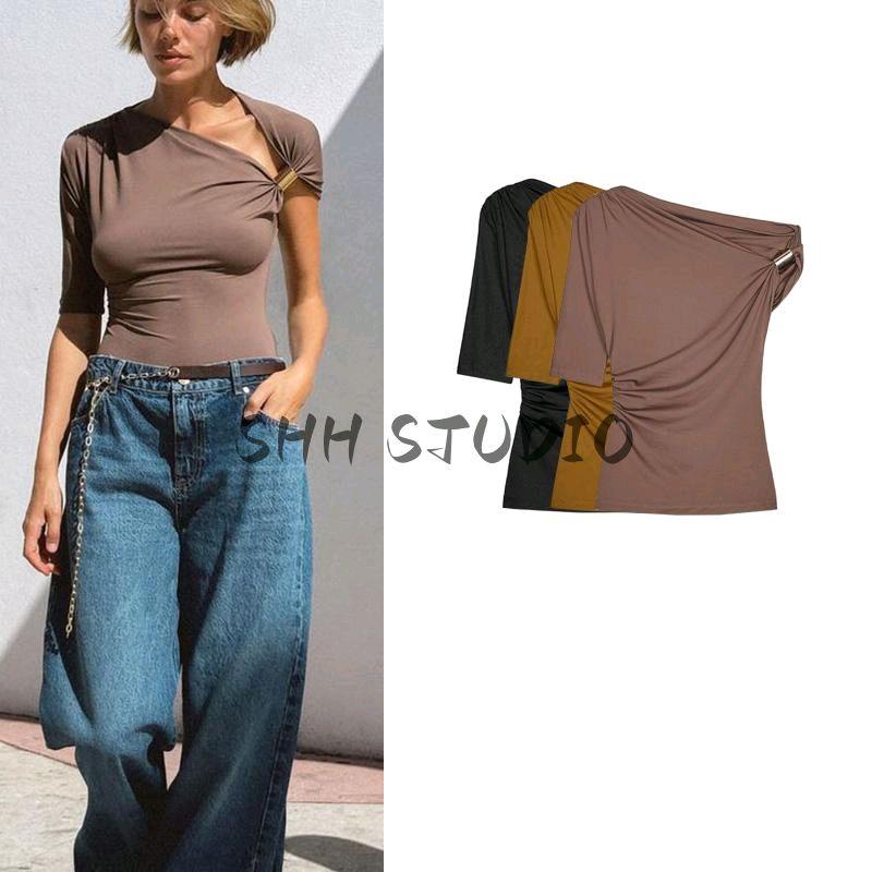 Spring New Women's Clothing European and American Leisure Easiest for Match Nylon off-Shoulder Asymmetric Design Tops 1026164