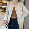Womens Beige Tweed Short Blazer Coat French Chic Style Round Neck Single Breasted Casual Elegant Outerwear