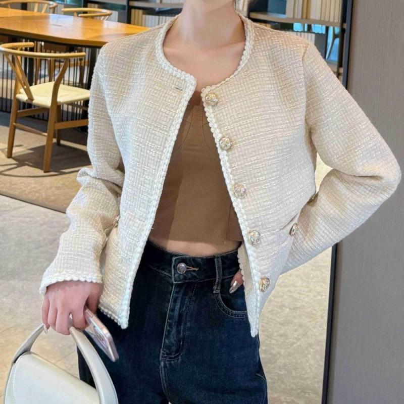 Womens Beige Tweed Short Blazer Coat French Chic Style Round Neck Single Breasted Casual Elegant Outerwear