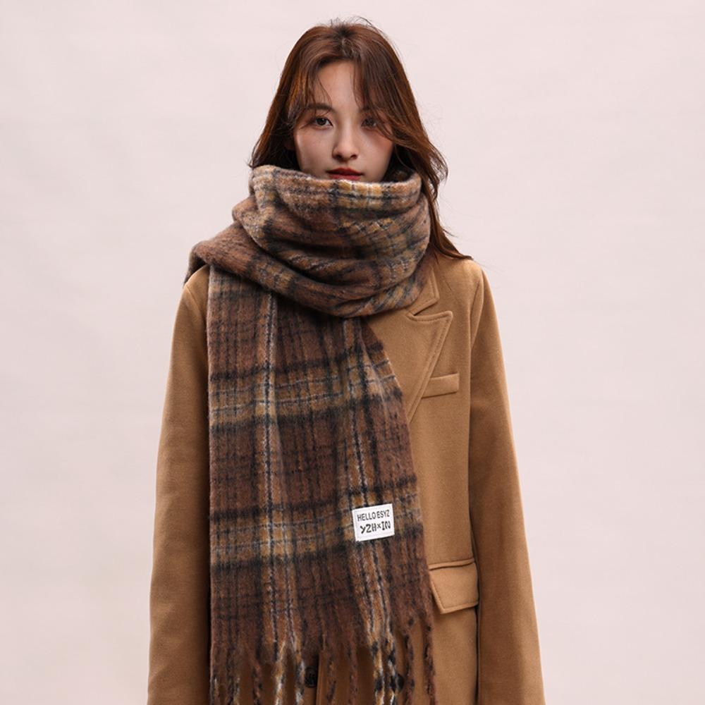 Mohair Plaid Wool Scarf Tassel Long Shawl Retro Winter Cashmere Scarves  Student