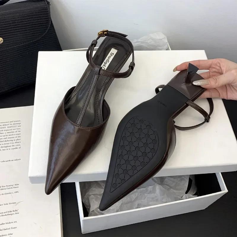 Fashion High Quality Low Small Heel Ankle Strap Women Pumps Sexy Pointed Toe Soft Leather High Heels Elegant Office Shoes Heeled Sandals