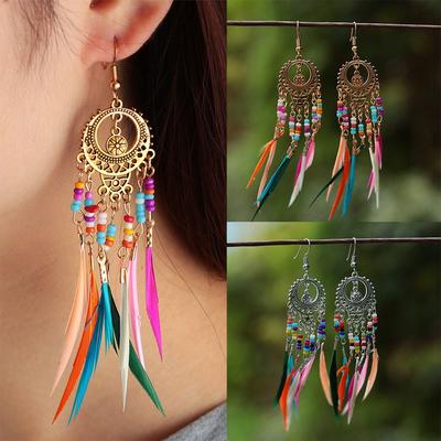 Bijoux Vintage Ethnique Bohème Doré Argent Plume Pendant Goutte Perles Arc-en-ciel Boucles d'oreilles