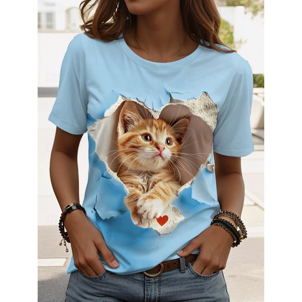 Women's Summer Cat Pattern T-shirt, Casual, Short Sleeve, Round Neck, Regular Top, Printed, Summer